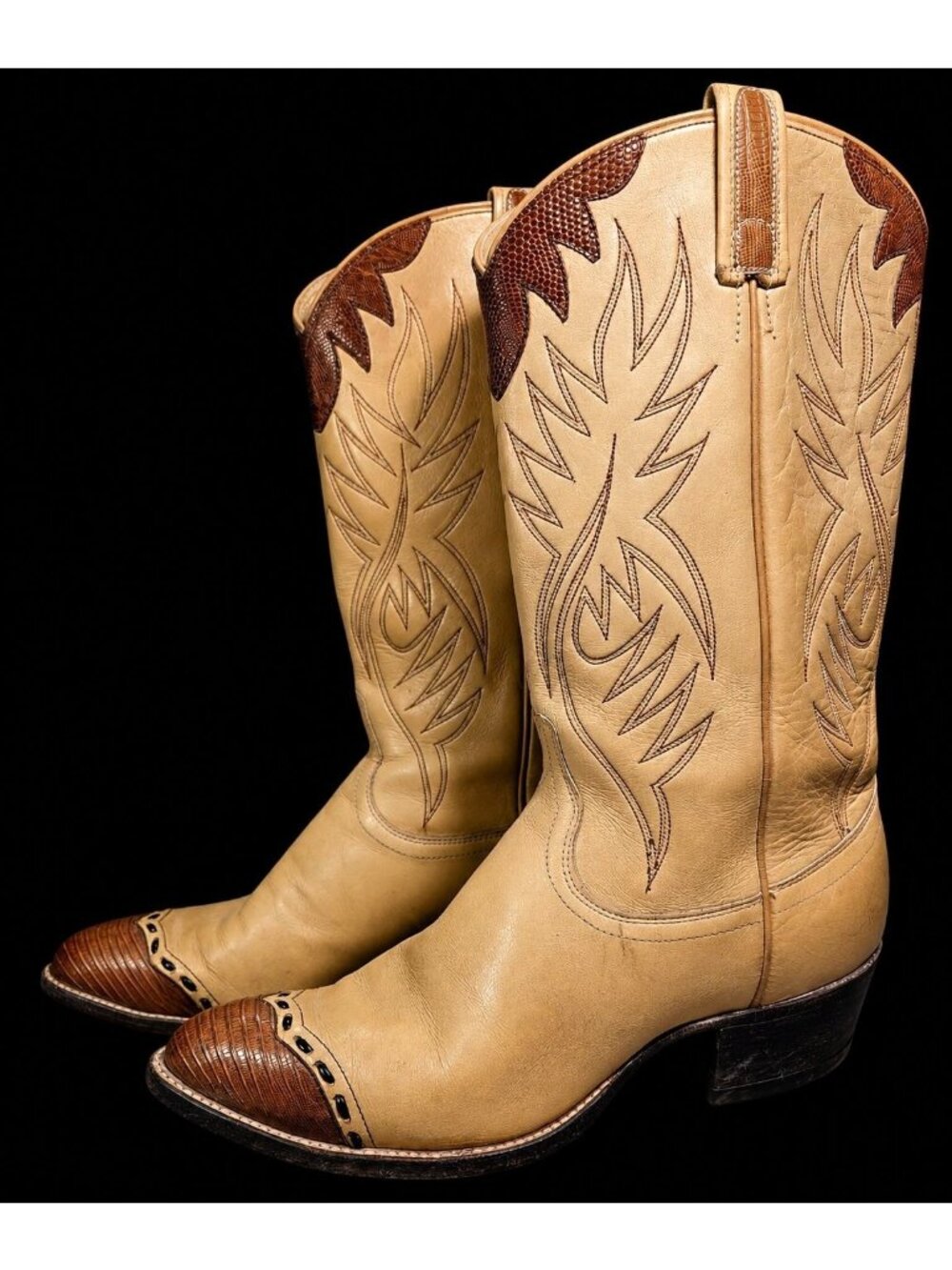 Vintage 90s Women's 9 Dan Post Tan Leather Lizard Wingtip Western Cowgirl Boots